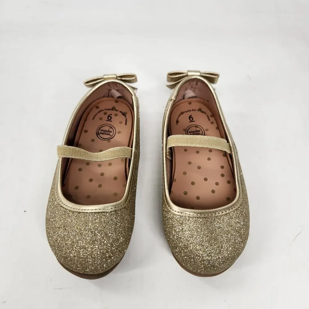 Wonder Nation Glittered Sparkling Gold Ballet Flat Shoes Bow Toddler US 6 EU 22